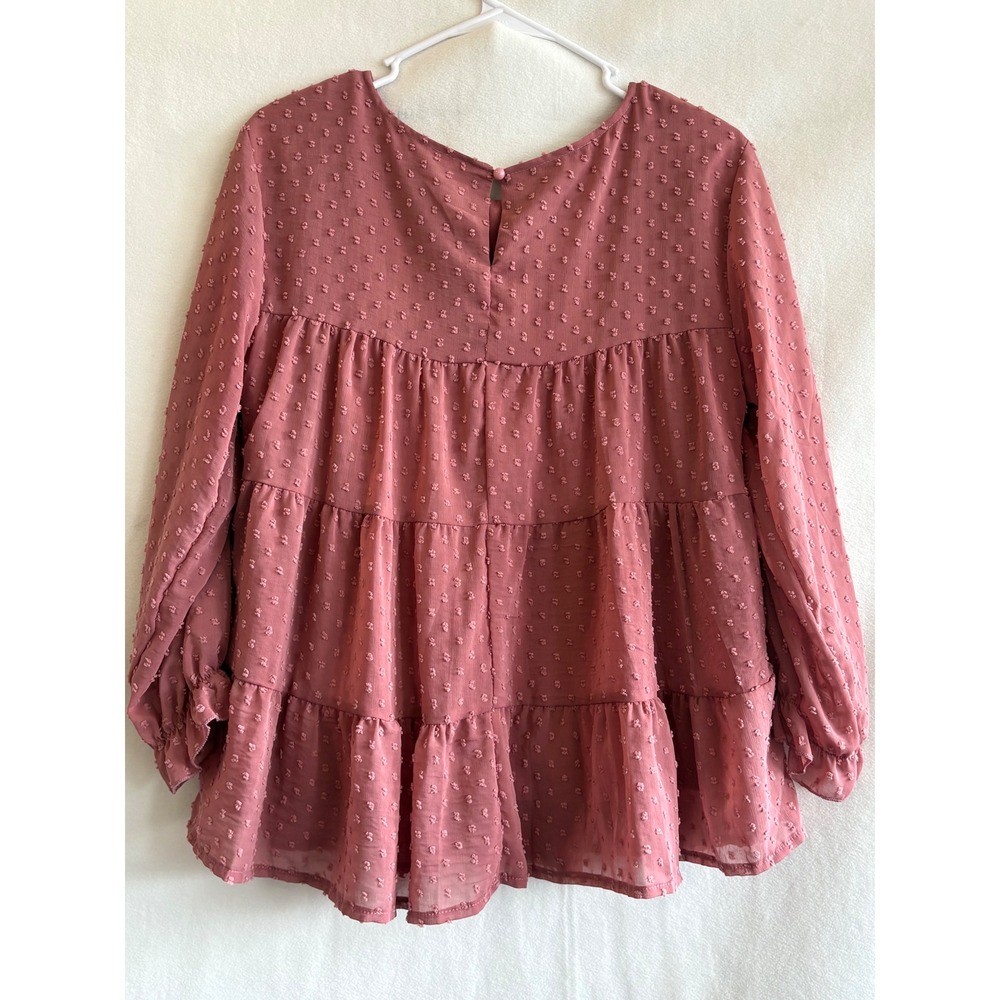 PrettyGarden Womens Swiss Dot Tiered Babydoll Blouse Pink Long Sleeve Top Small - Picture 2 of 5